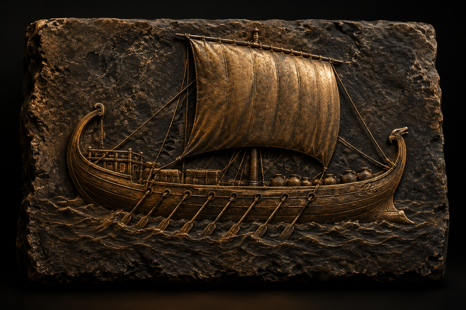 An artistic bronze relief of a Phoenician-inspired merchant vessel with a square sail and oars